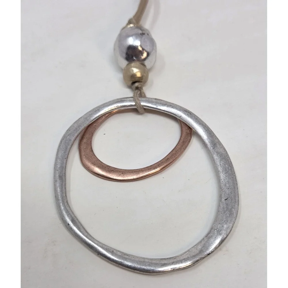 J. Jill Bead Necklace Mixed Silver, Copper Gold Tone Circles Adjustable Cord